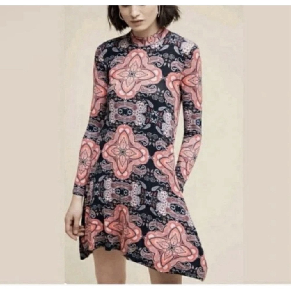 Maeve Dress Women's Size M Pink Long Sleeve Fit Flare Geometric Boho
